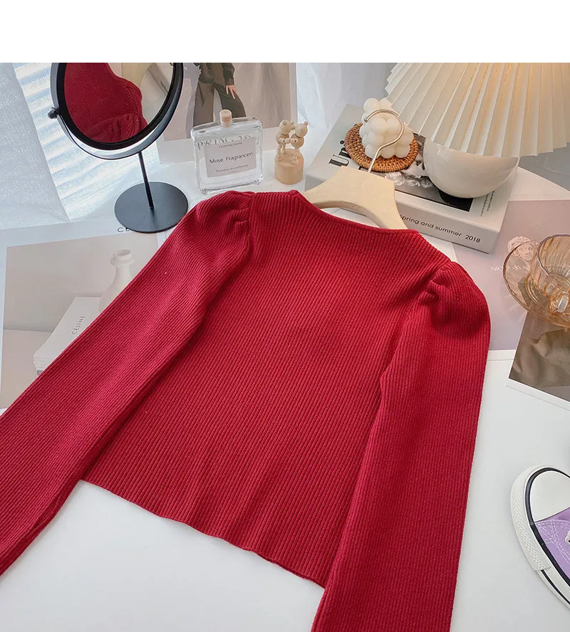 Bow Vintage French sweater slim long sleeve top  6628