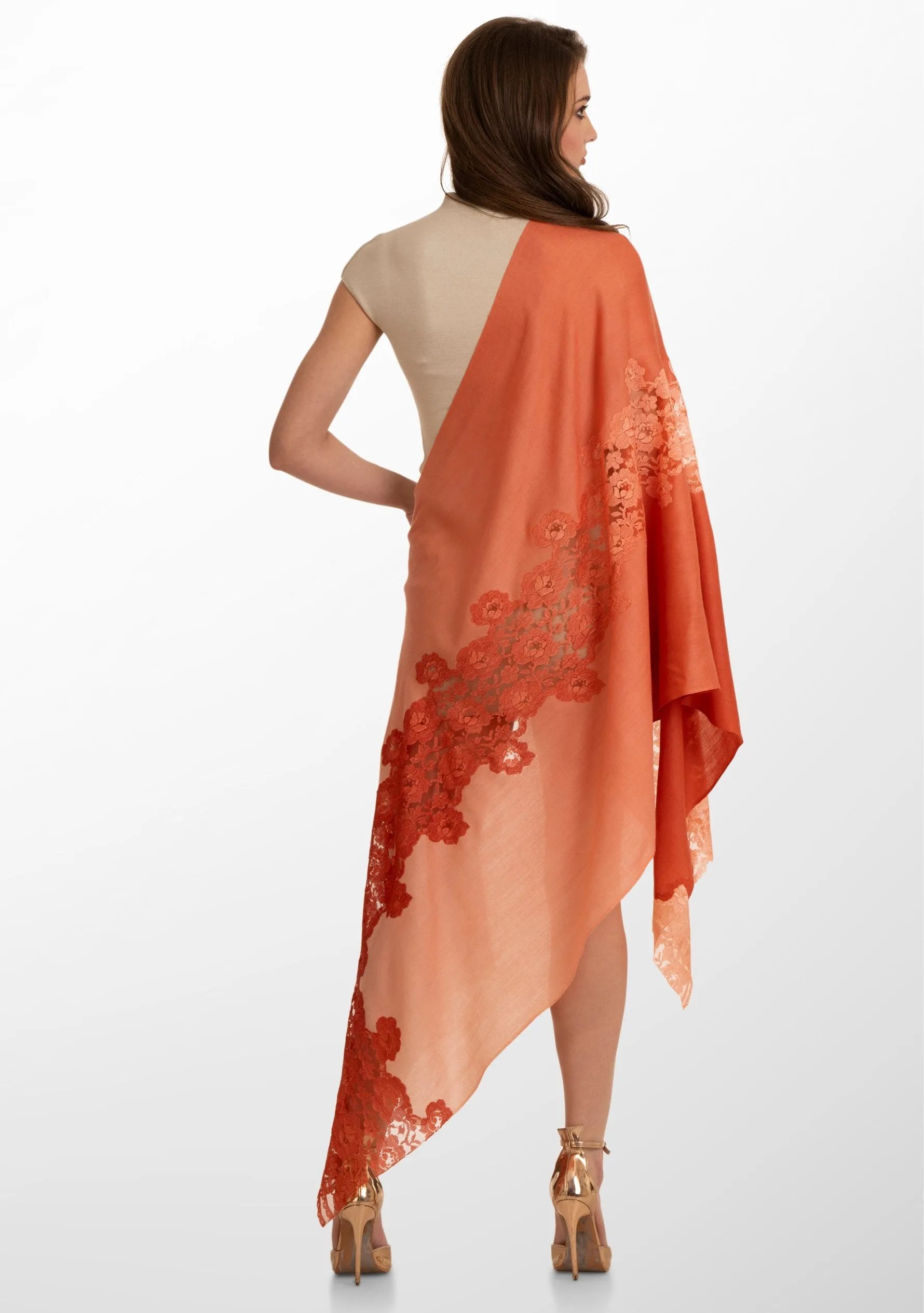 Brick Ombre Wool and Silk Scarf with Dual-Colored Brick Ombre Floral Lace Application