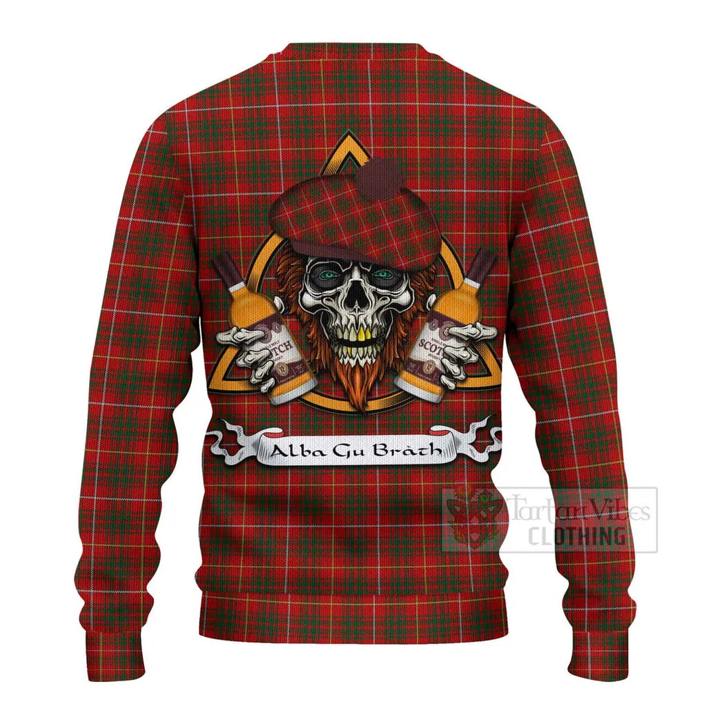 Bruce Tartan Ugly Sweater with Family Crest and Bearded Skull Holding Bottles of Whiskey