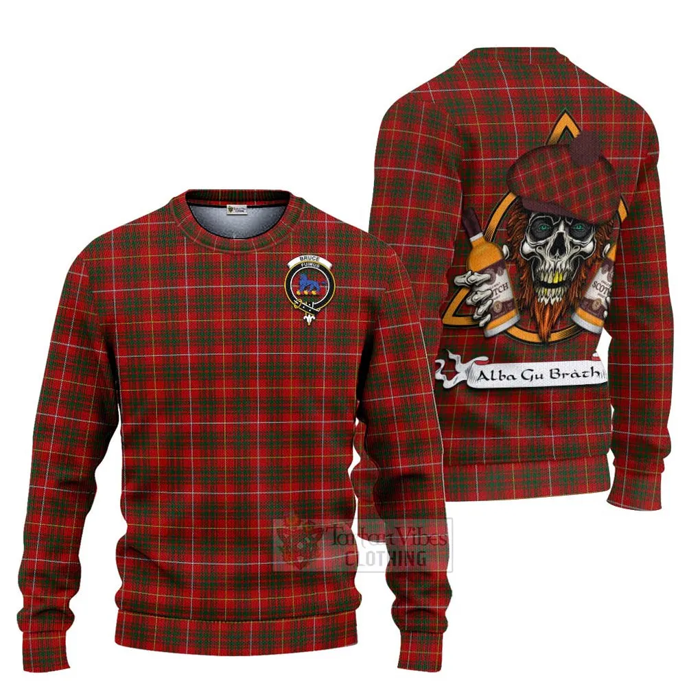 Bruce Tartan Ugly Sweater with Family Crest and Bearded Skull Holding Bottles of Whiskey