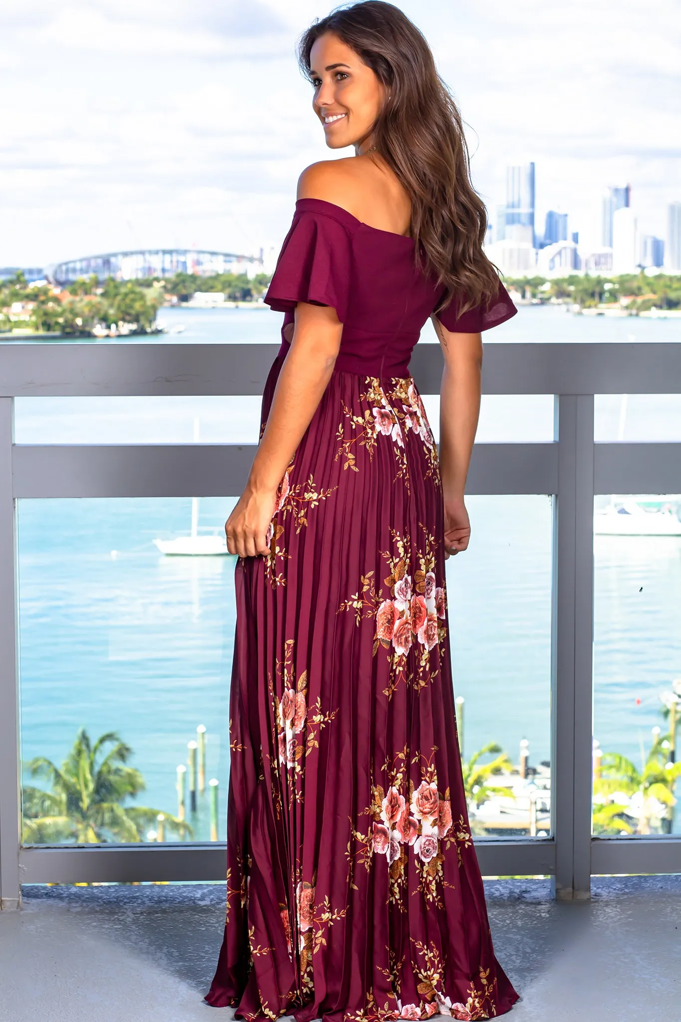 Burgundy Floral Pleated Maxi Dress with Ruffle Sleeves