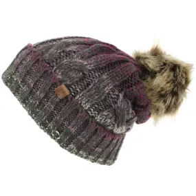 Cable Knit Beanie Hat with Contrast Turn-up and Faux Fur Bobble - Purple