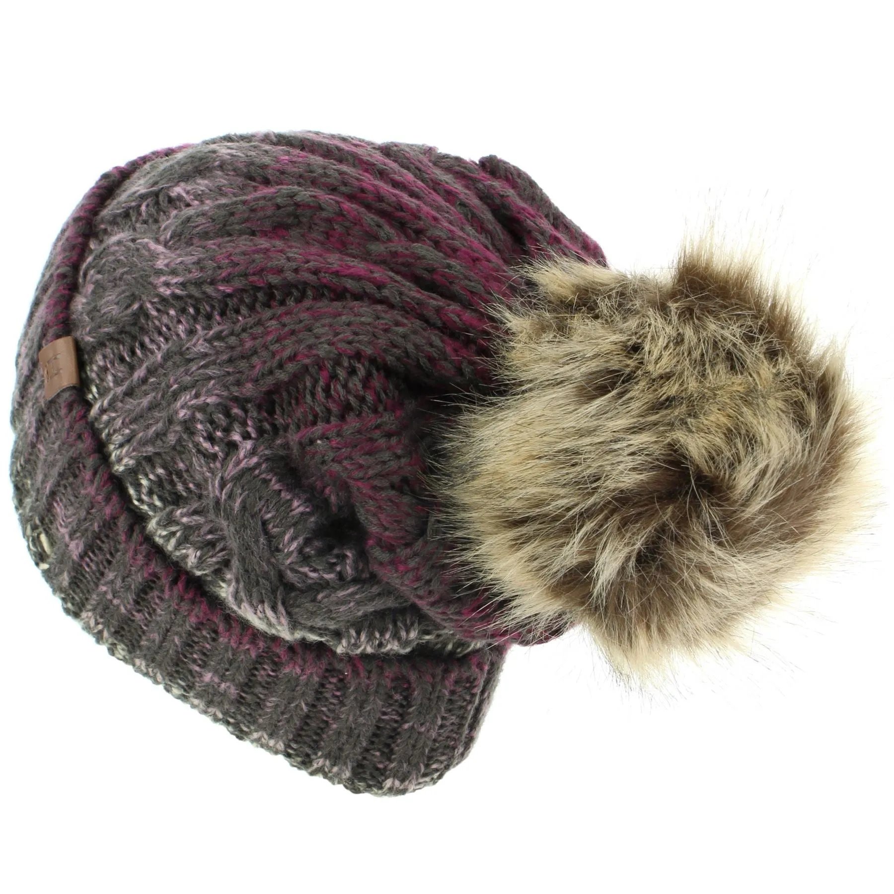 Cable Knit Beanie Hat with Contrast Turn-up and Faux Fur Bobble - Purple