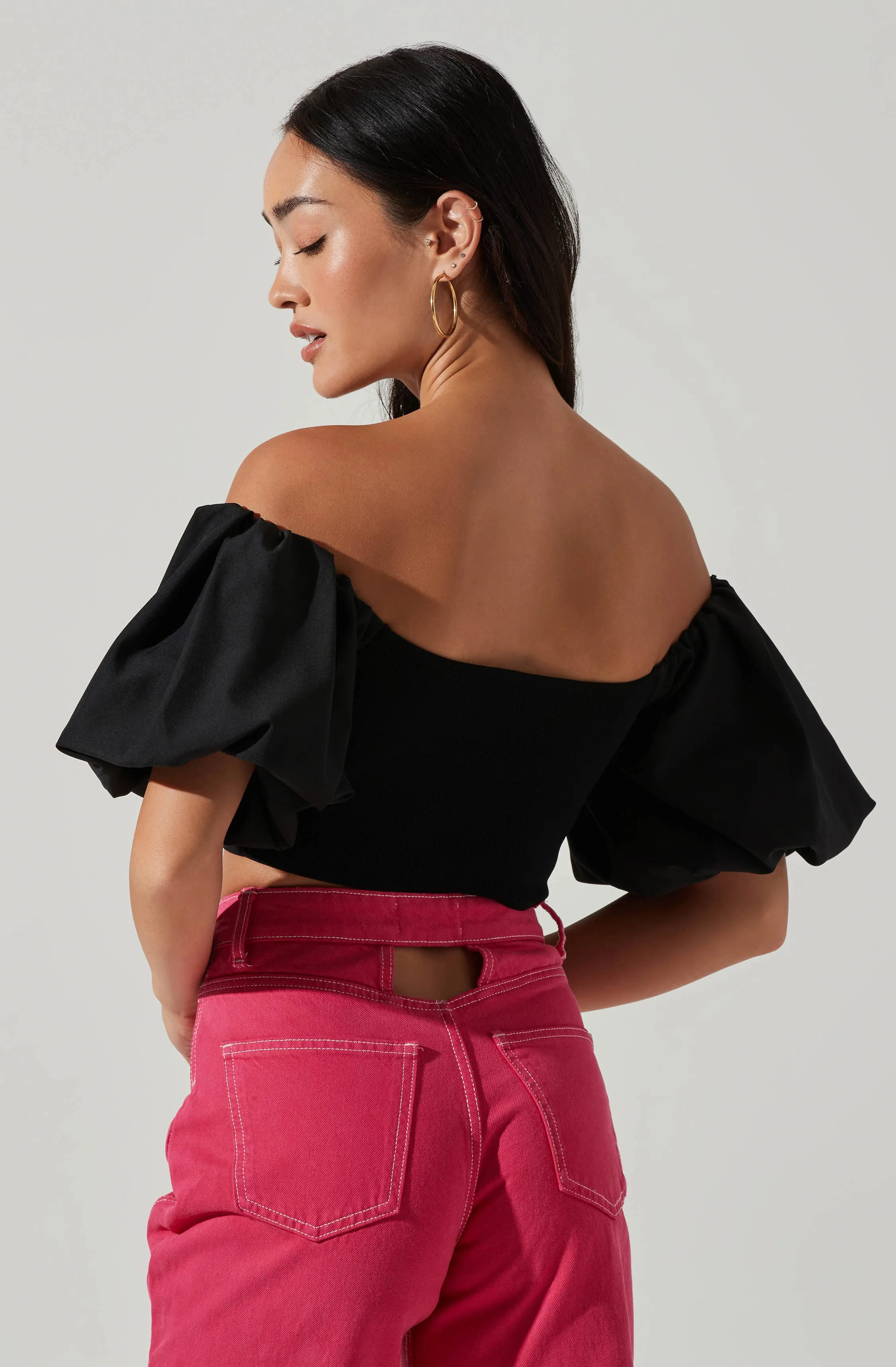 Carminia Sweater Knit Off Shoulder Puff Sleeve Top