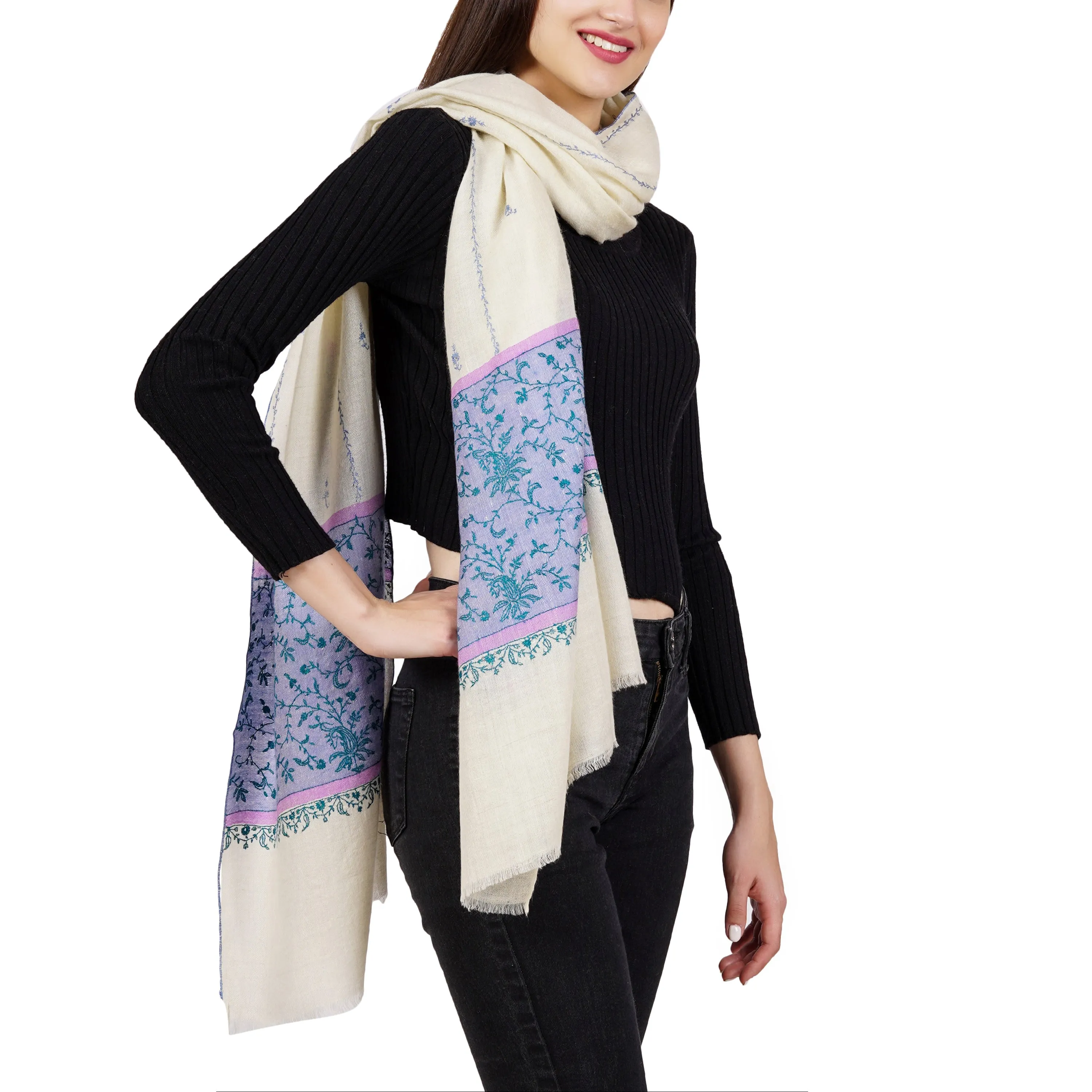 Cashmere Pashmina Embroidered Scarf (White and Blue)