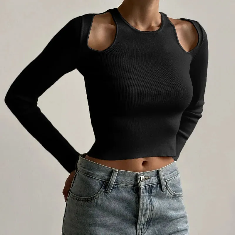 Casual Black Skinny Autumn Sweater for Women Cut Out Solid All-Match Pullover Knit Crop Korean Fashion Jumper Outfits