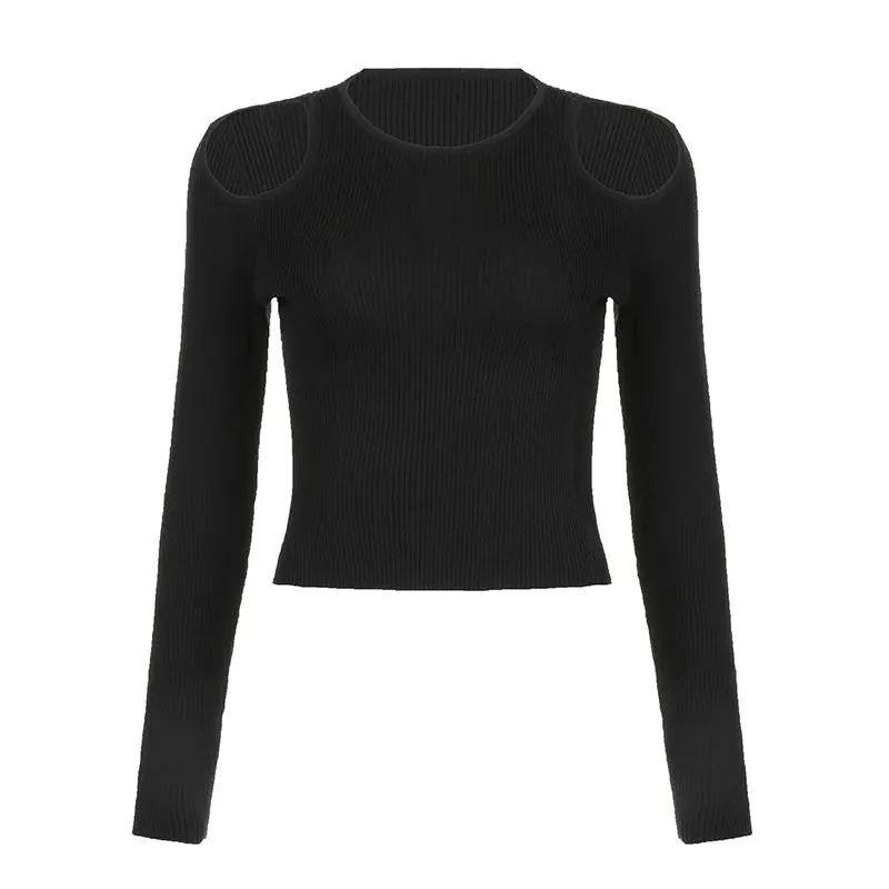 Casual Black Skinny Autumn Sweater for Women Cut Out Solid All-Match Pullover Knit Crop Korean Fashion Jumper Outfits