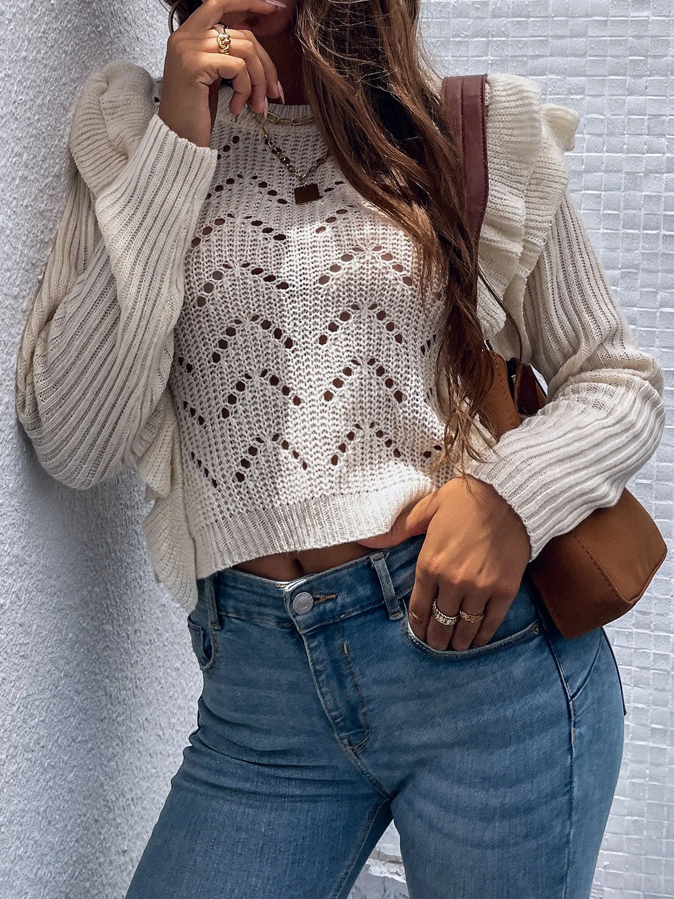 Casual Plain Ruffle Long Sleeve Round Neck Crop Women Sweater