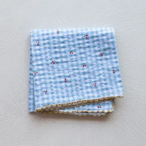 Cherry & Gingham Square Scarf in Blue