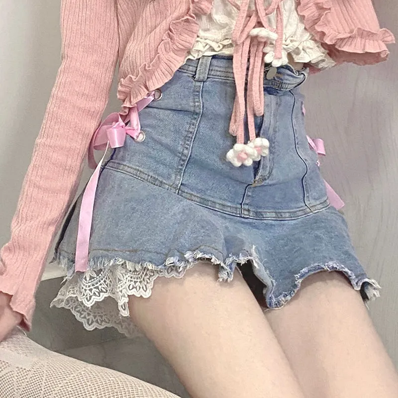 Chic Ribbon Top Cardigan Lace Up Pleated Denim Mini Skirt