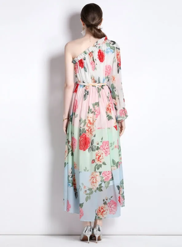 Chiffon Diagonal Shoulder Beach Print Dress