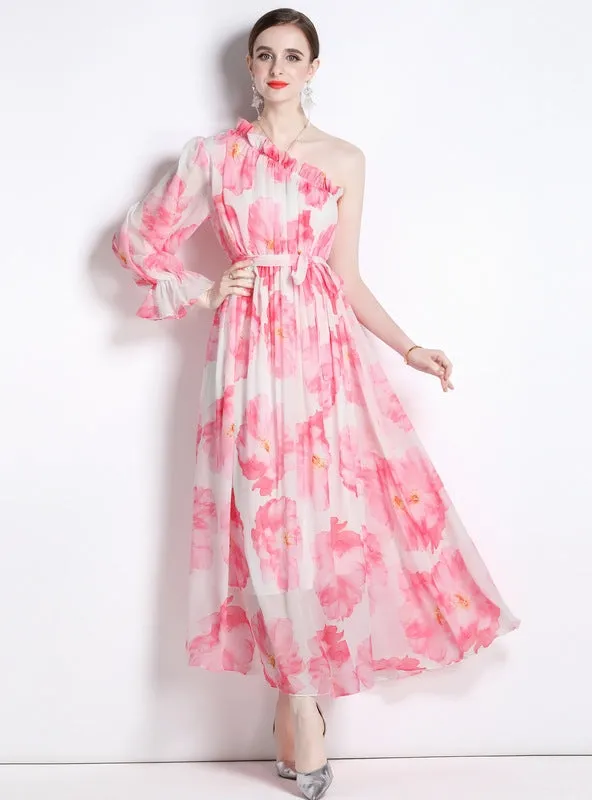 Chiffon Diagonal Shoulder Beach Print Dress