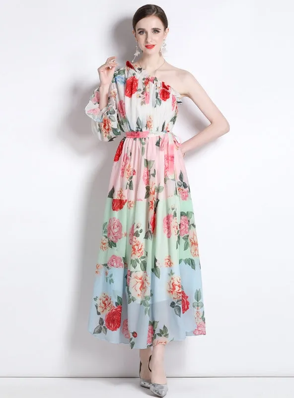 Chiffon Diagonal Shoulder Beach Print Dress