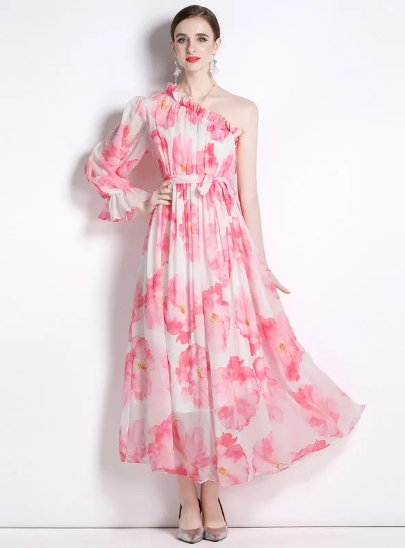 Chiffon Diagonal Shoulder Beach Print Dress