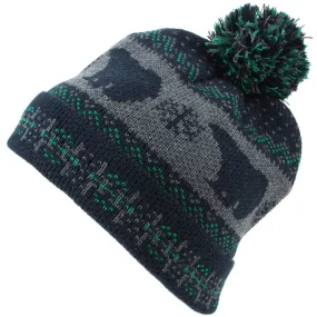 Childrens Fine Knit Bobble Beanie Hat with Polar Bear Print - Navy & Green