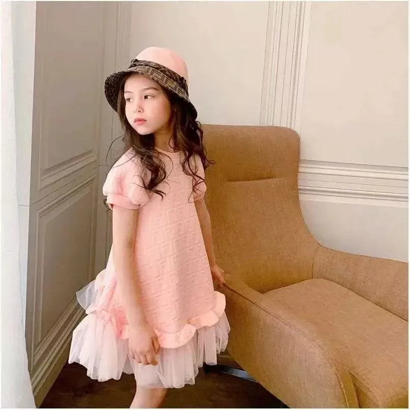 Children's Pink Casual Skirt Luxury Designer Brand Fashion Dress Girls Net Yarn Short-sleeved Princess Dress for Kids