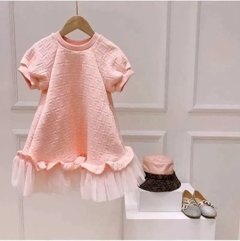 Children's Pink Casual Skirt Luxury Designer Brand Fashion Dress Girls Net Yarn Short-sleeved Princess Dress for Kids