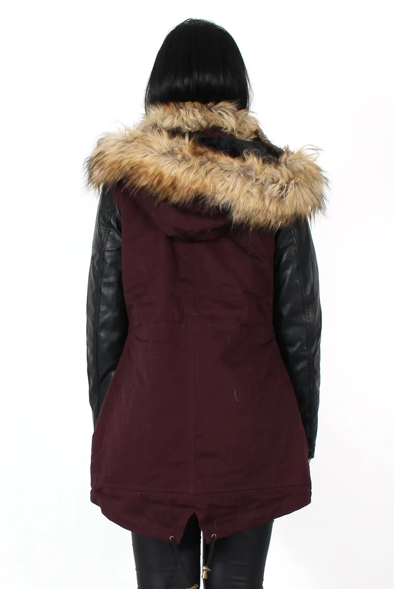 Claire Wine Faux Fur Parka Coat