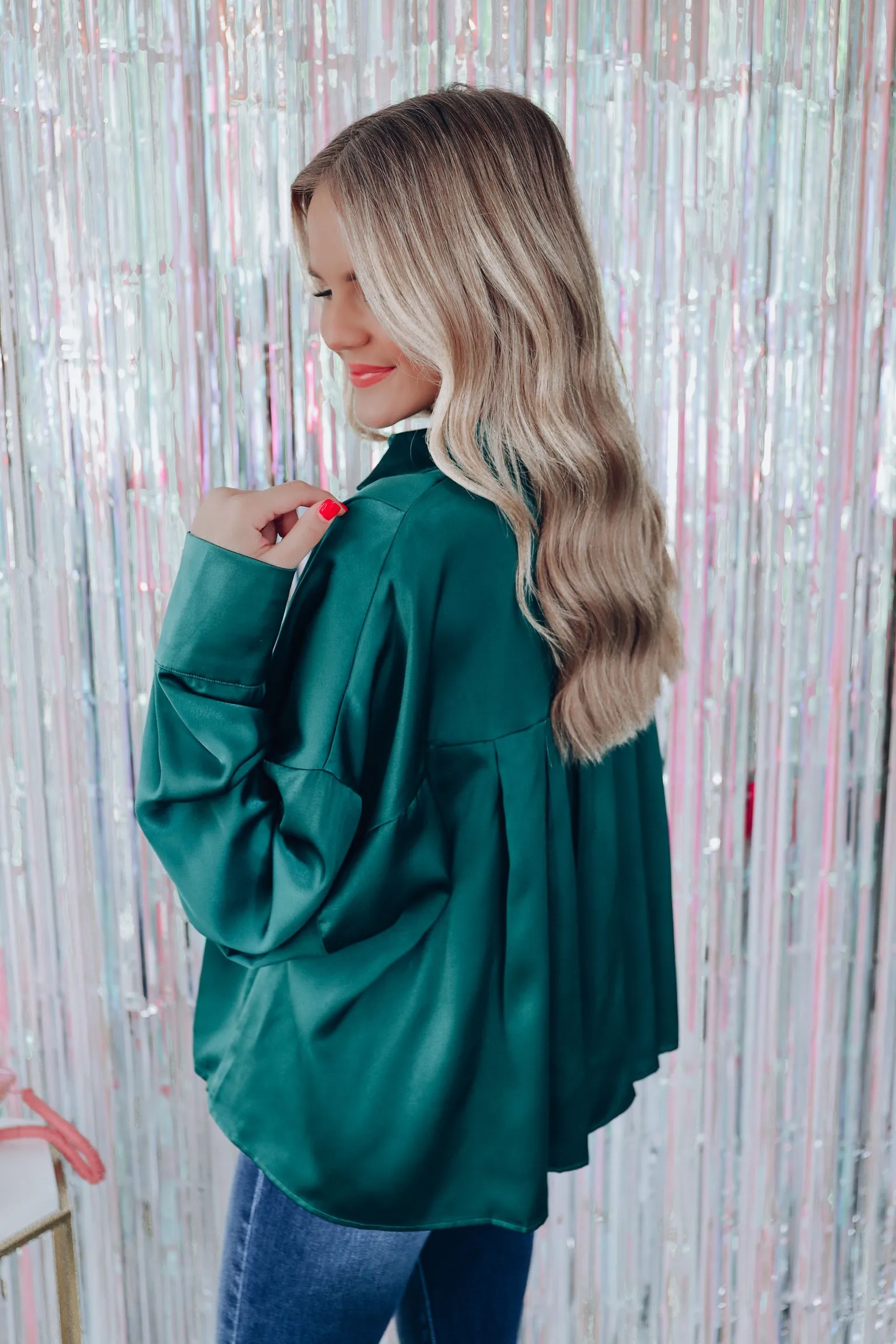 Classy Collared Satin Blouse - Deep Teal