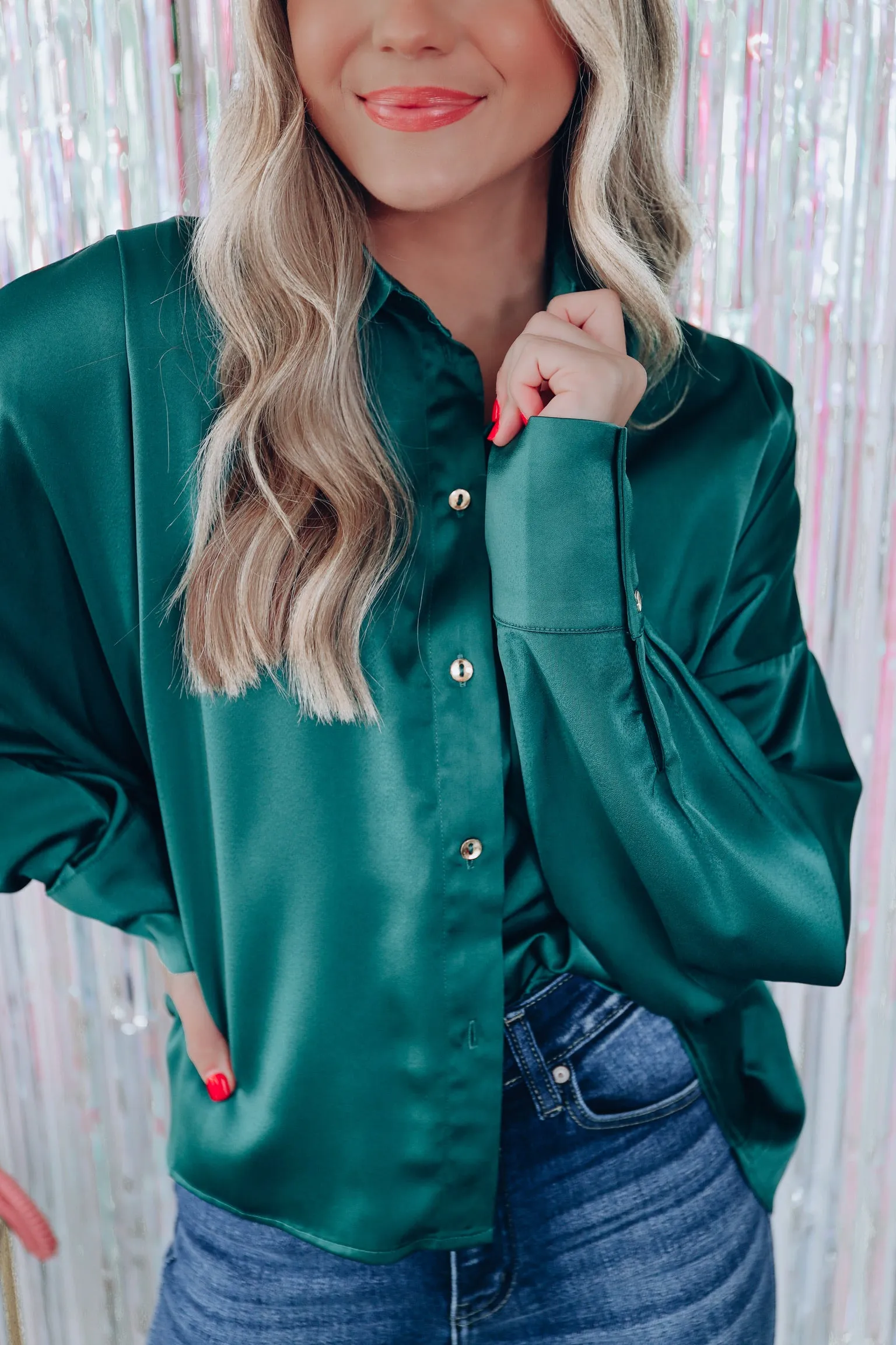 Classy Collared Satin Blouse - Deep Teal