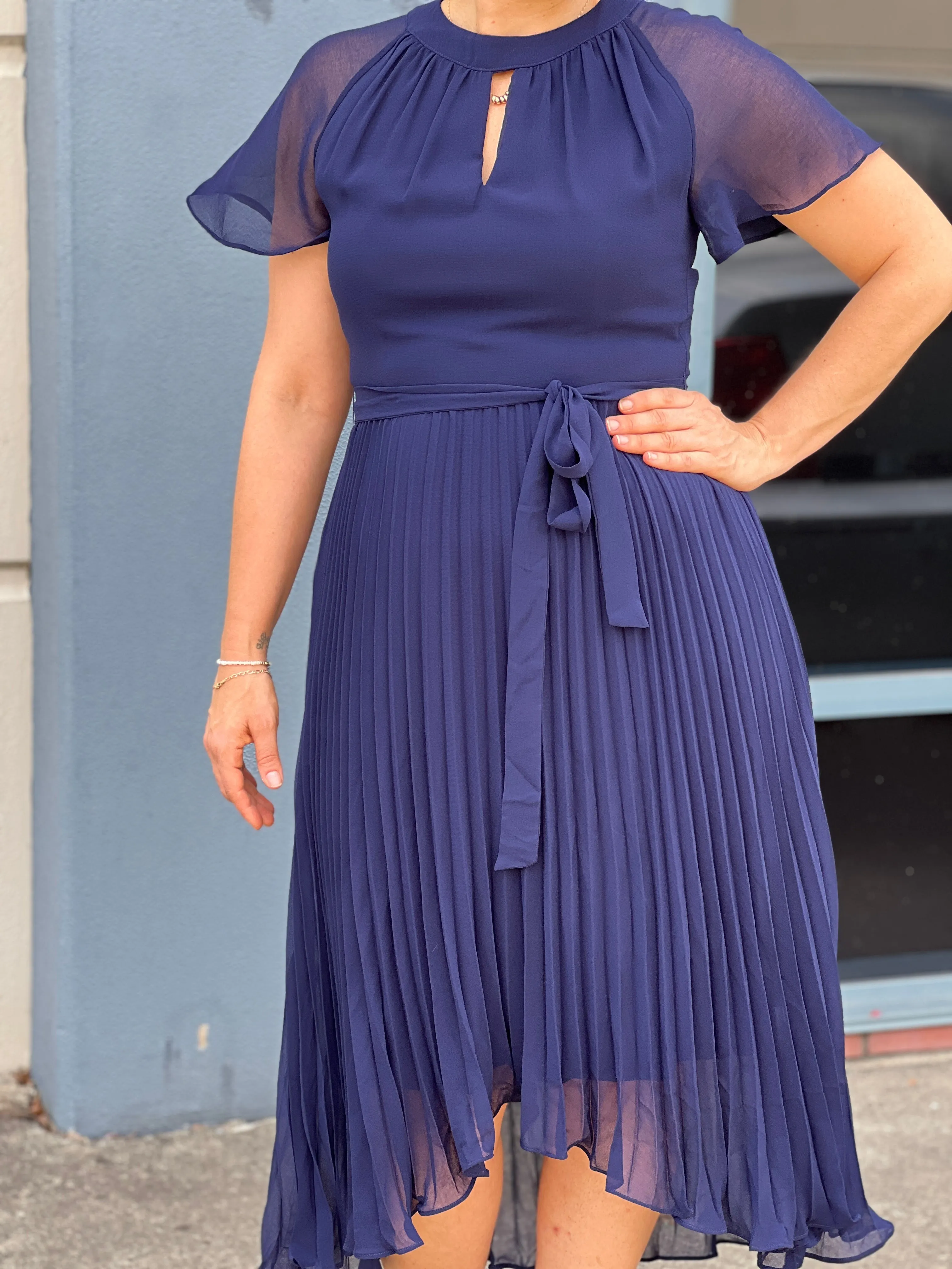 Claudia Navy Pleated Dress Mann