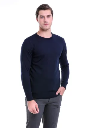 Comfort Fit Wool Blend Navy Crewneck Sweater