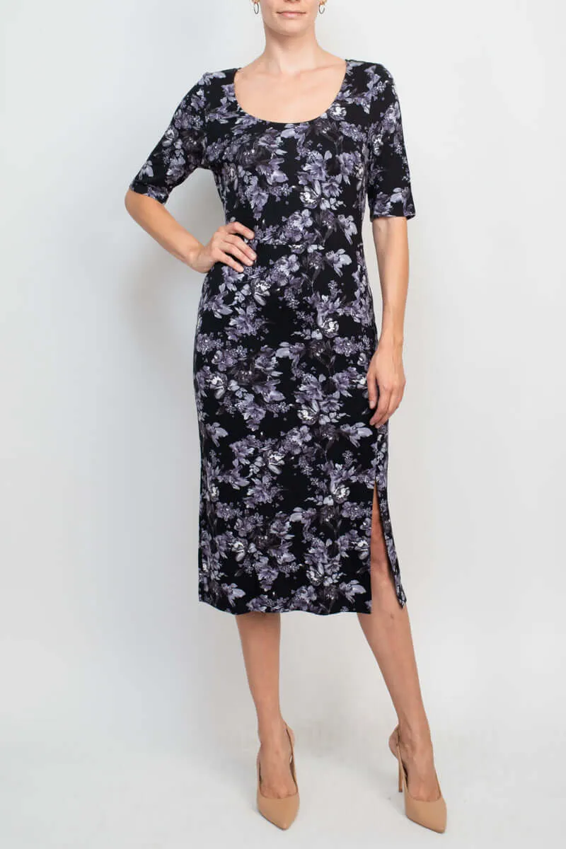 Connected Apparel Scoop Neck 3/4 Sleeve Slit Side Floral Print Knit Dress