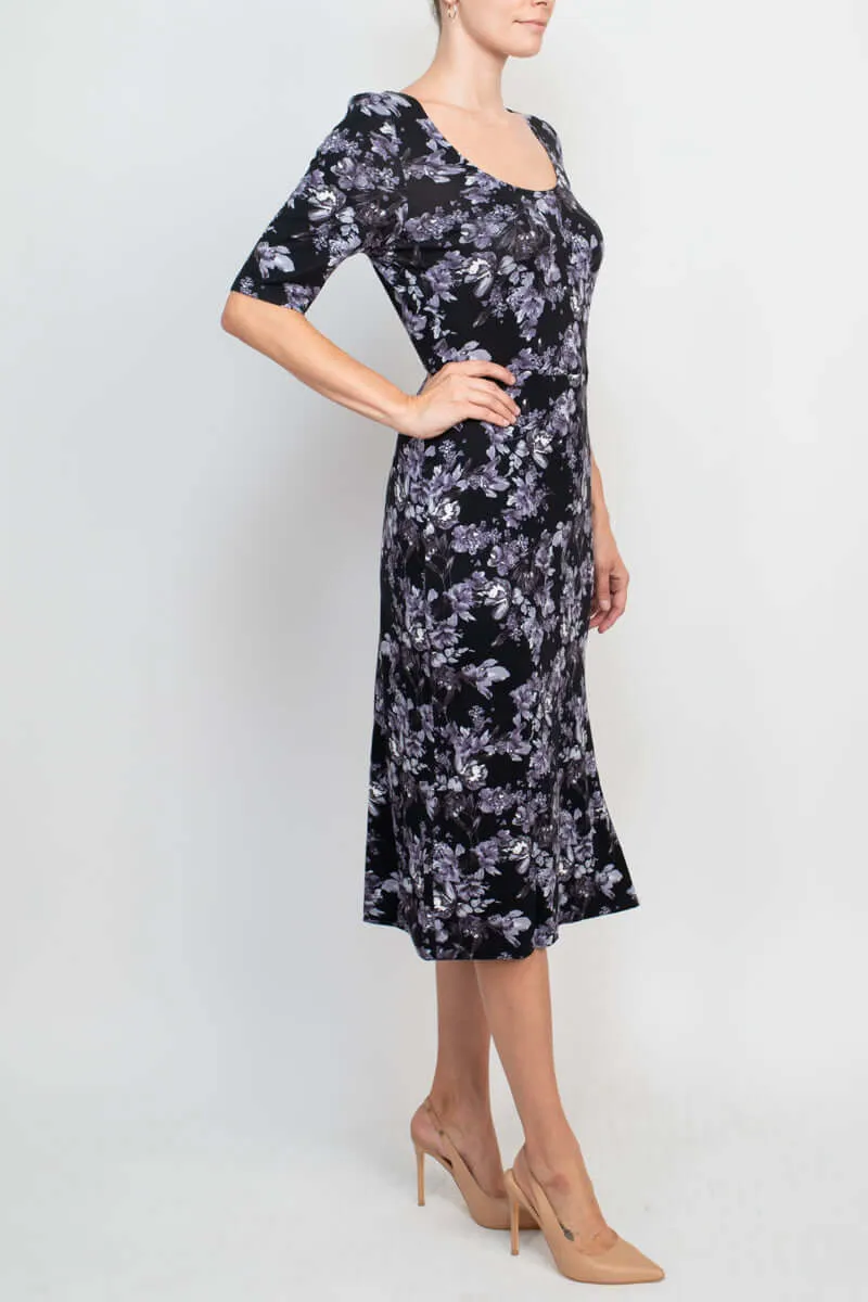 Connected Apparel Scoop Neck 3/4 Sleeve Slit Side Floral Print Knit Dress