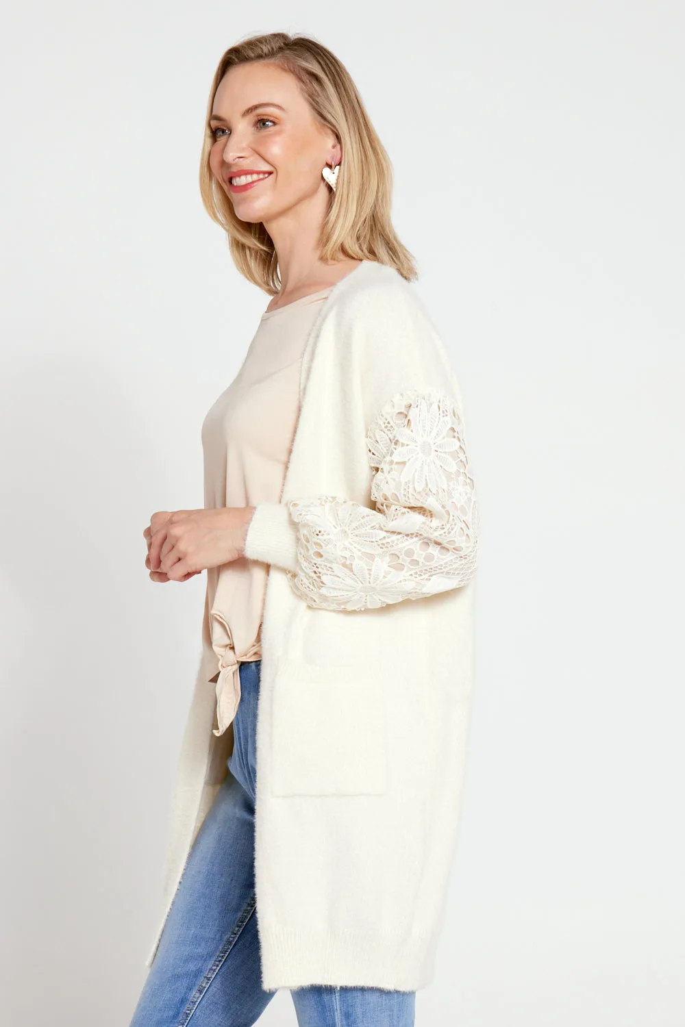 Corinda Knit Lace Sleeve Cardi - Cream