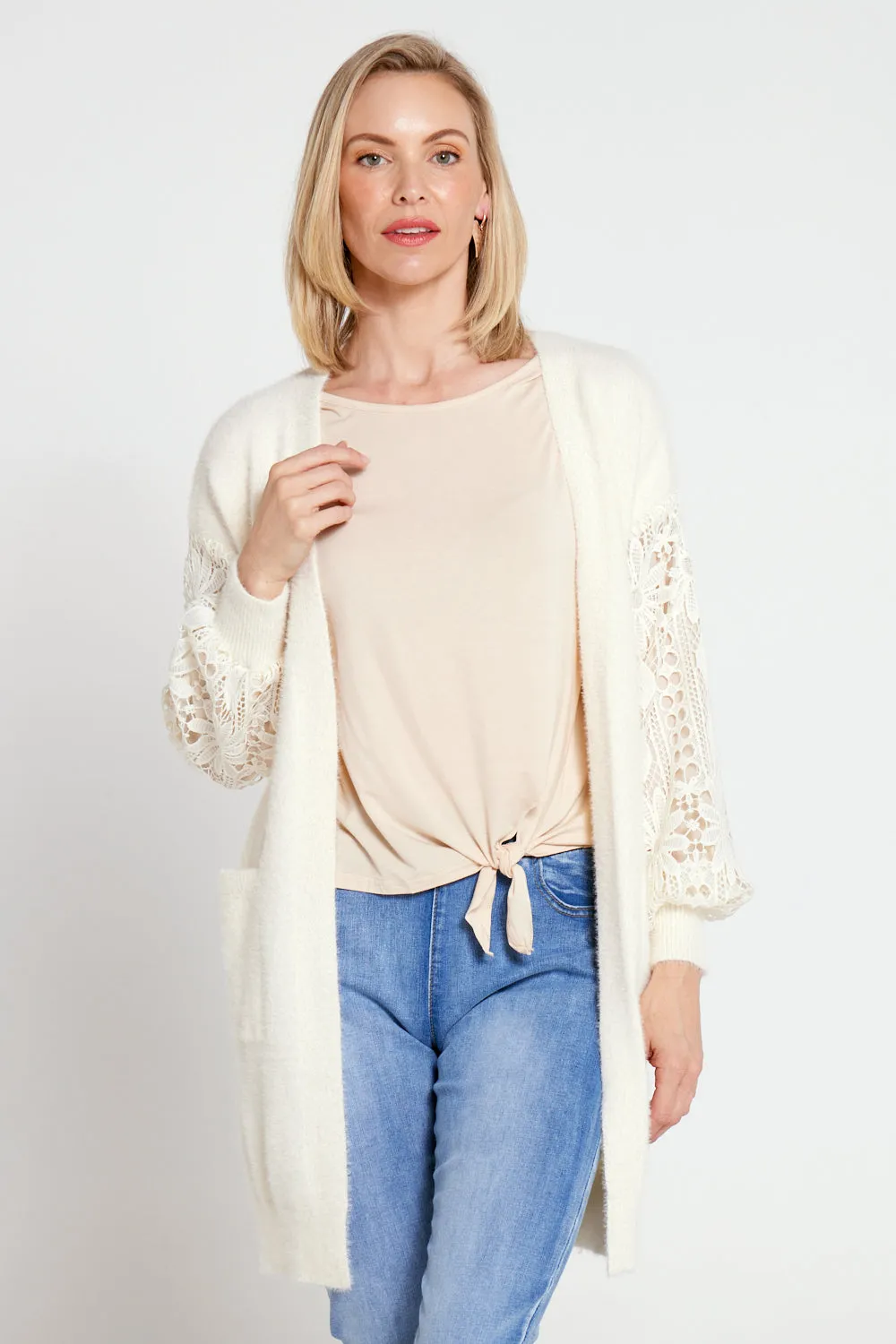 Corinda Knit Lace Sleeve Cardi - Cream