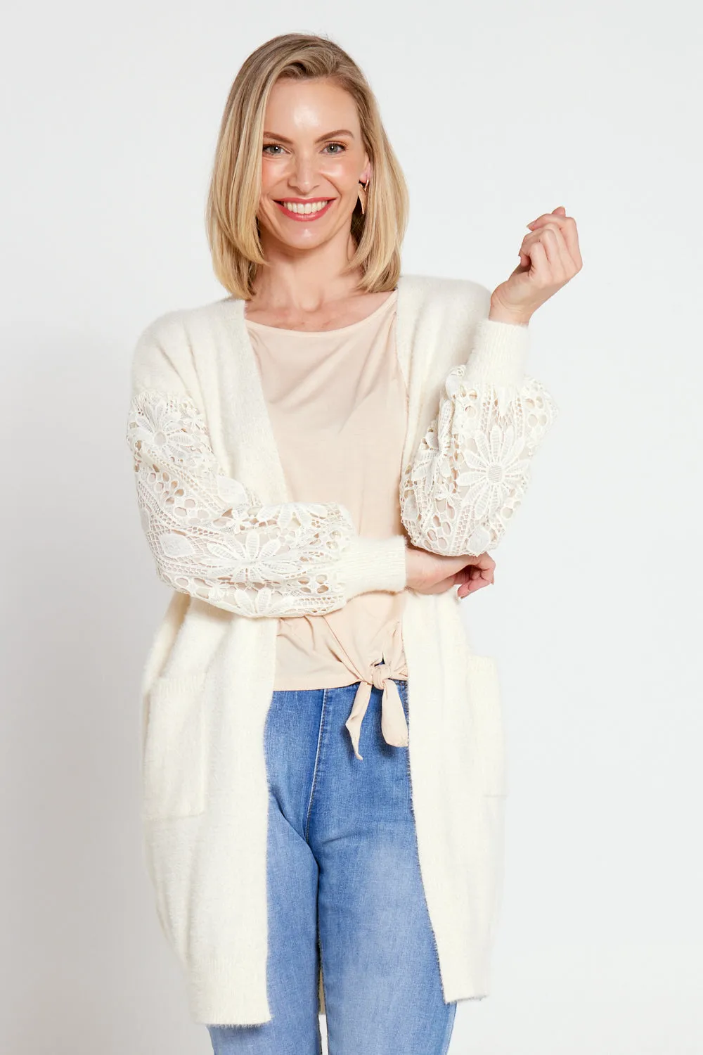 Corinda Knit Lace Sleeve Cardi - Cream