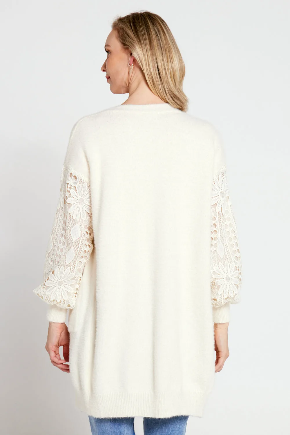 Corinda Knit Lace Sleeve Cardi - Cream