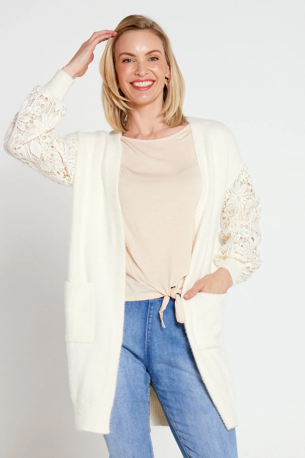 Corinda Knit Lace Sleeve Cardi - Cream