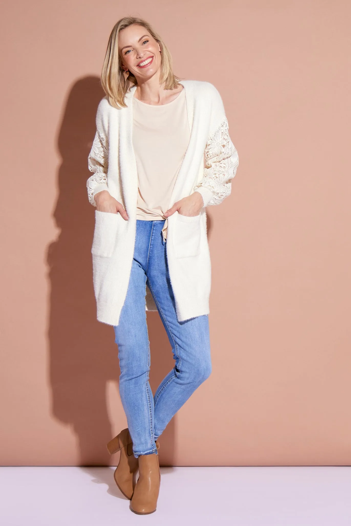 Corinda Knit Lace Sleeve Cardi - Cream