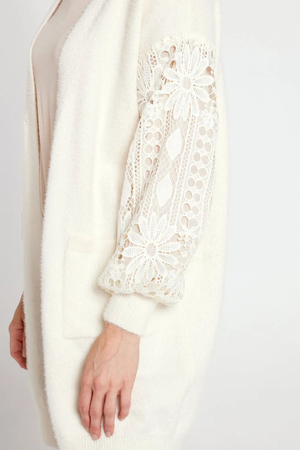 Corinda Knit Lace Sleeve Cardi - Cream