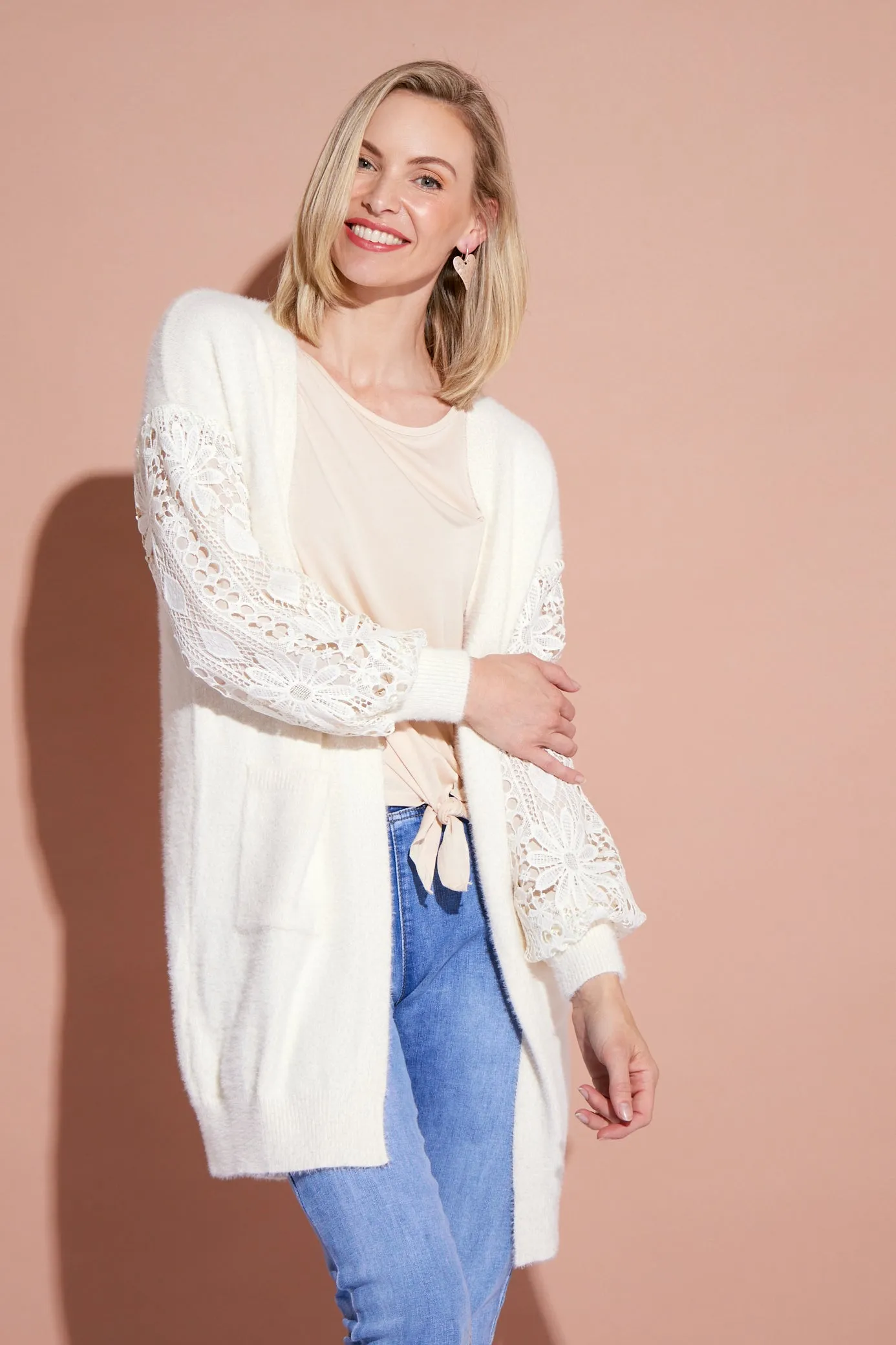 Corinda Knit Lace Sleeve Cardi - Cream