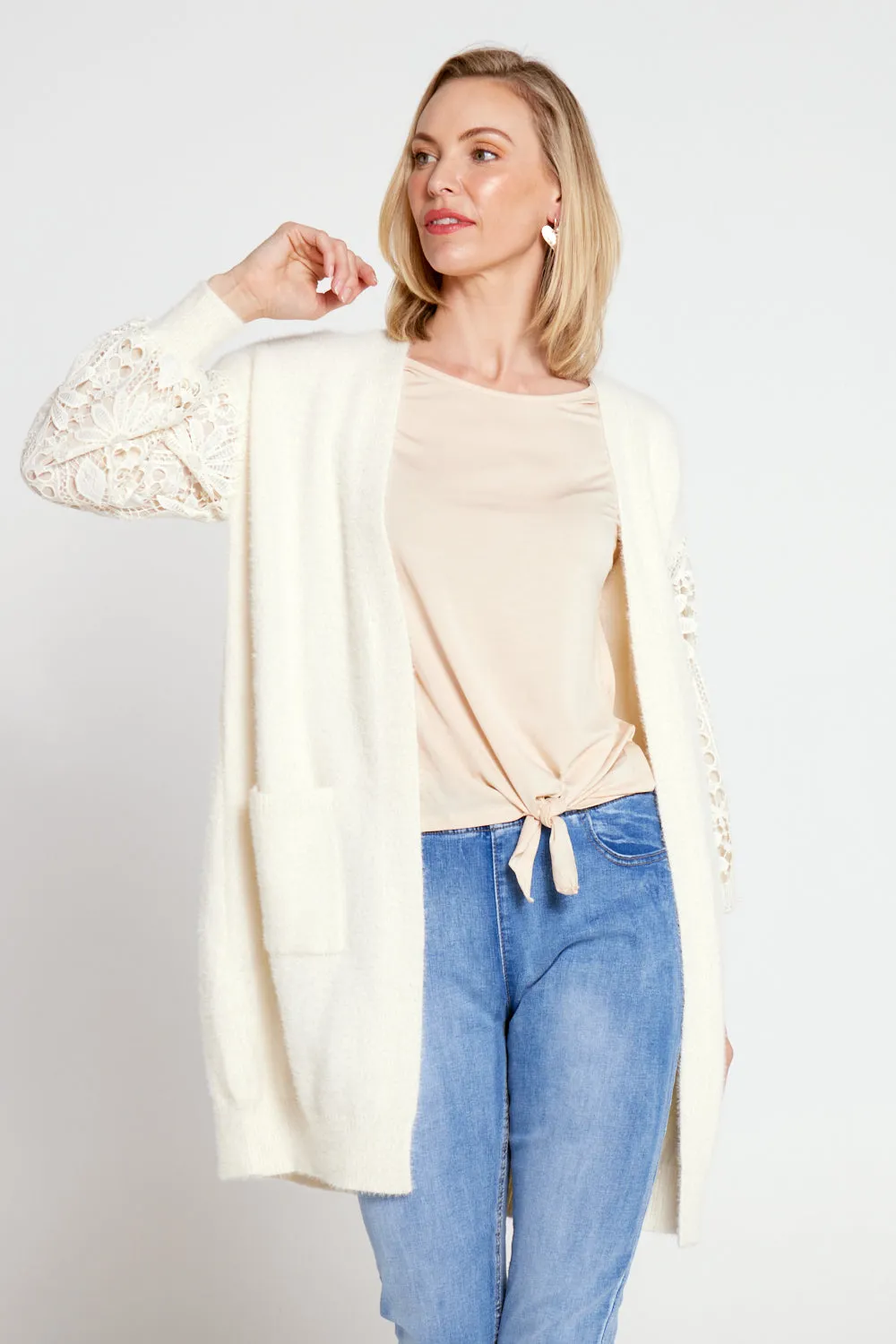 Corinda Knit Lace Sleeve Cardi - Cream