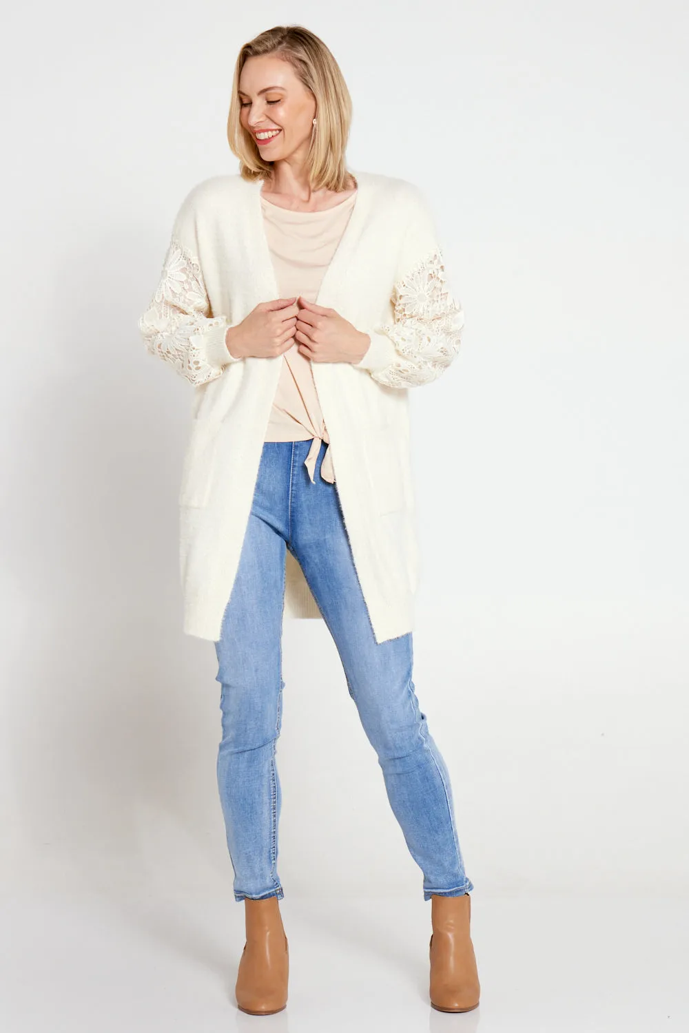 Corinda Knit Lace Sleeve Cardi - Cream