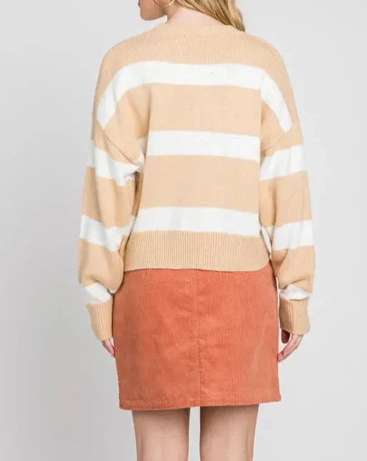 Creme Brulee Textured and Striped Long Sleeve Sweater