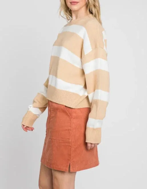 Creme Brulee Textured and Striped Long Sleeve Sweater