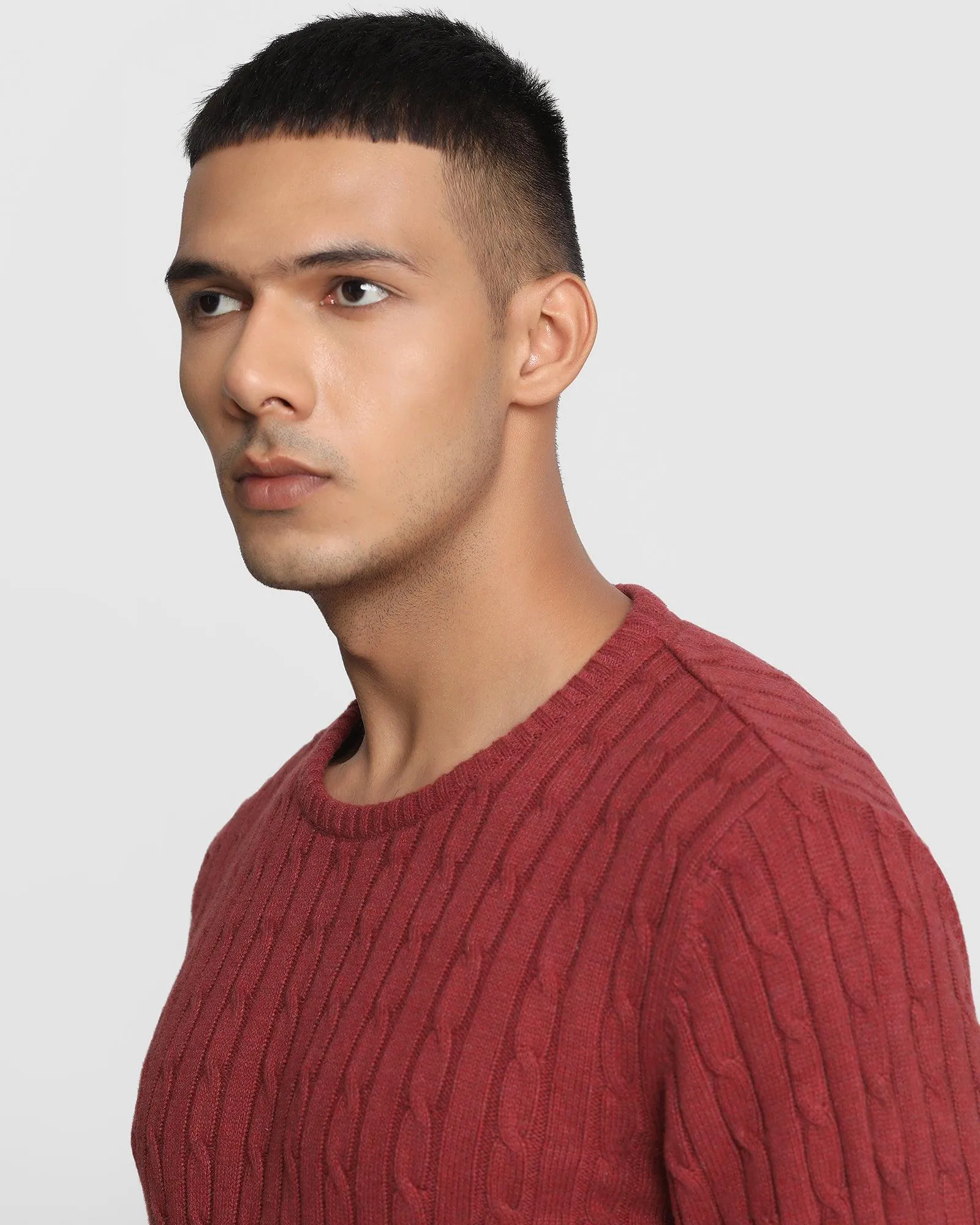 Crew Neck Wine Textured Sweater - Cable