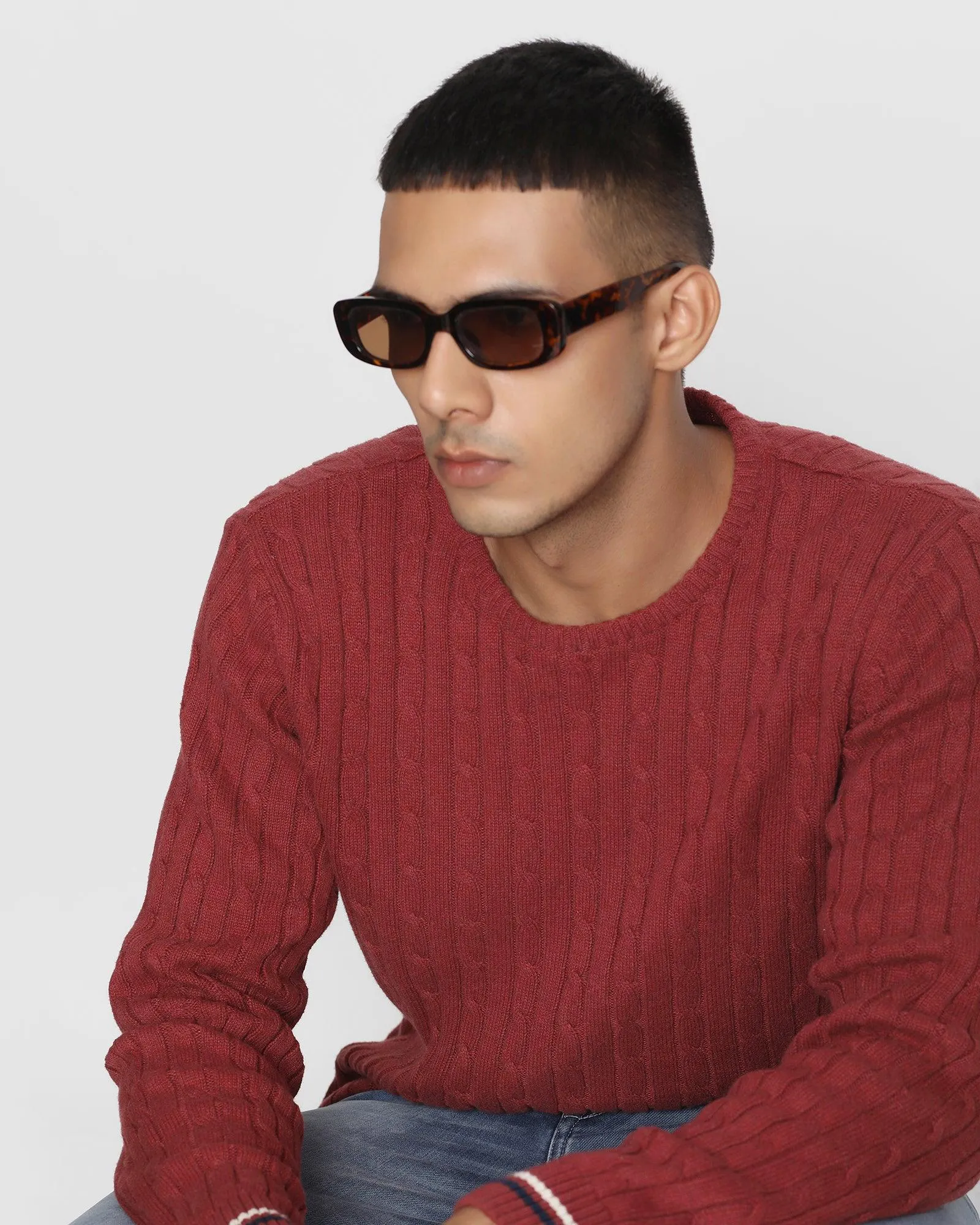 Crew Neck Wine Textured Sweater - Cable