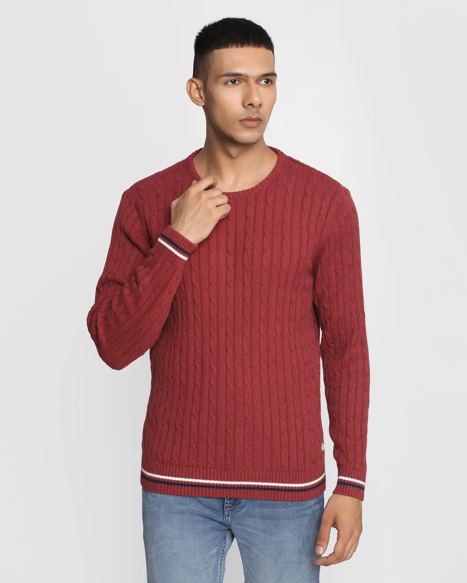 Crew Neck Wine Textured Sweater - Cable