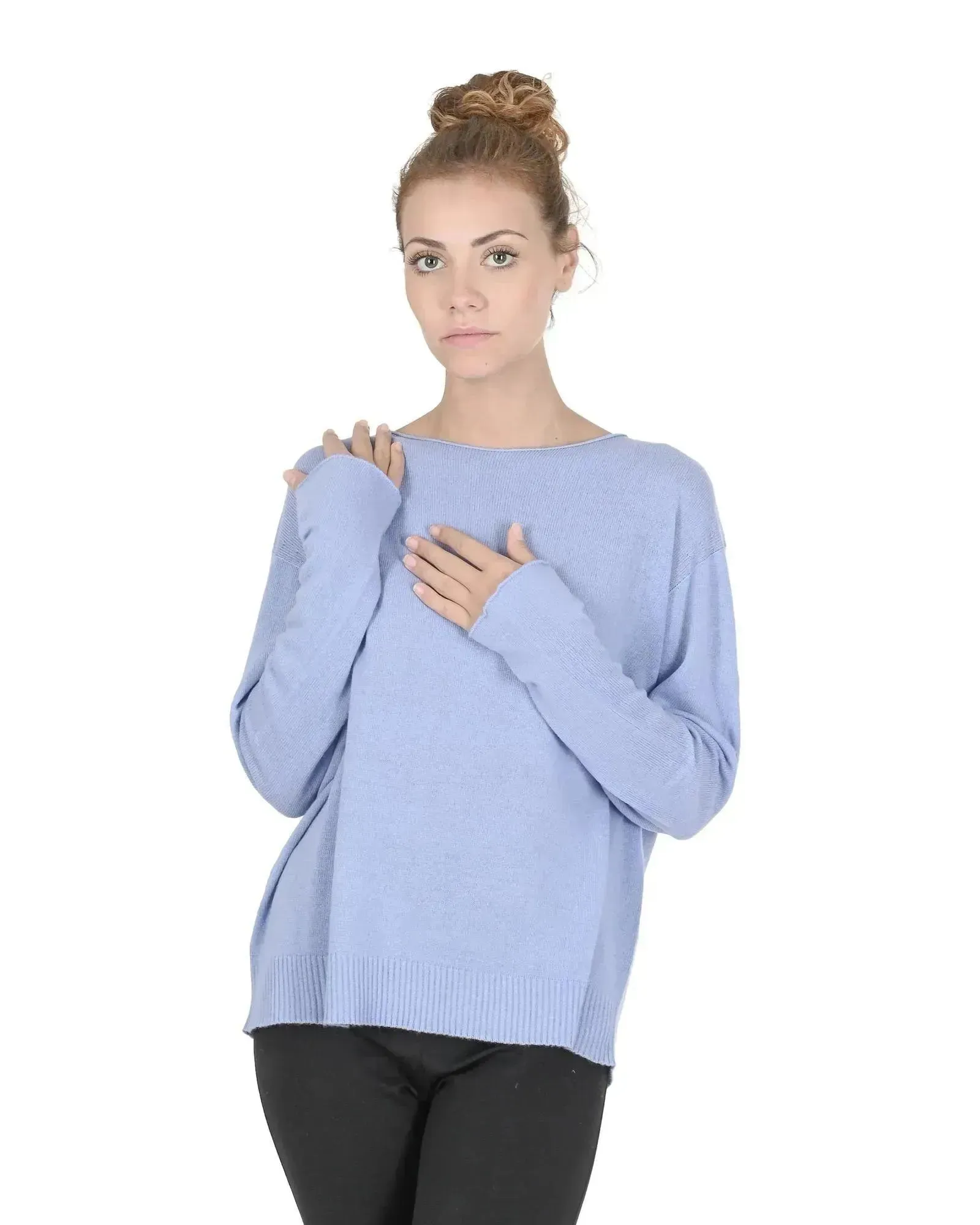 Crown of Edinburgh Cashmere Women's Cashmere Boatneck Sweater in Sky blue - M