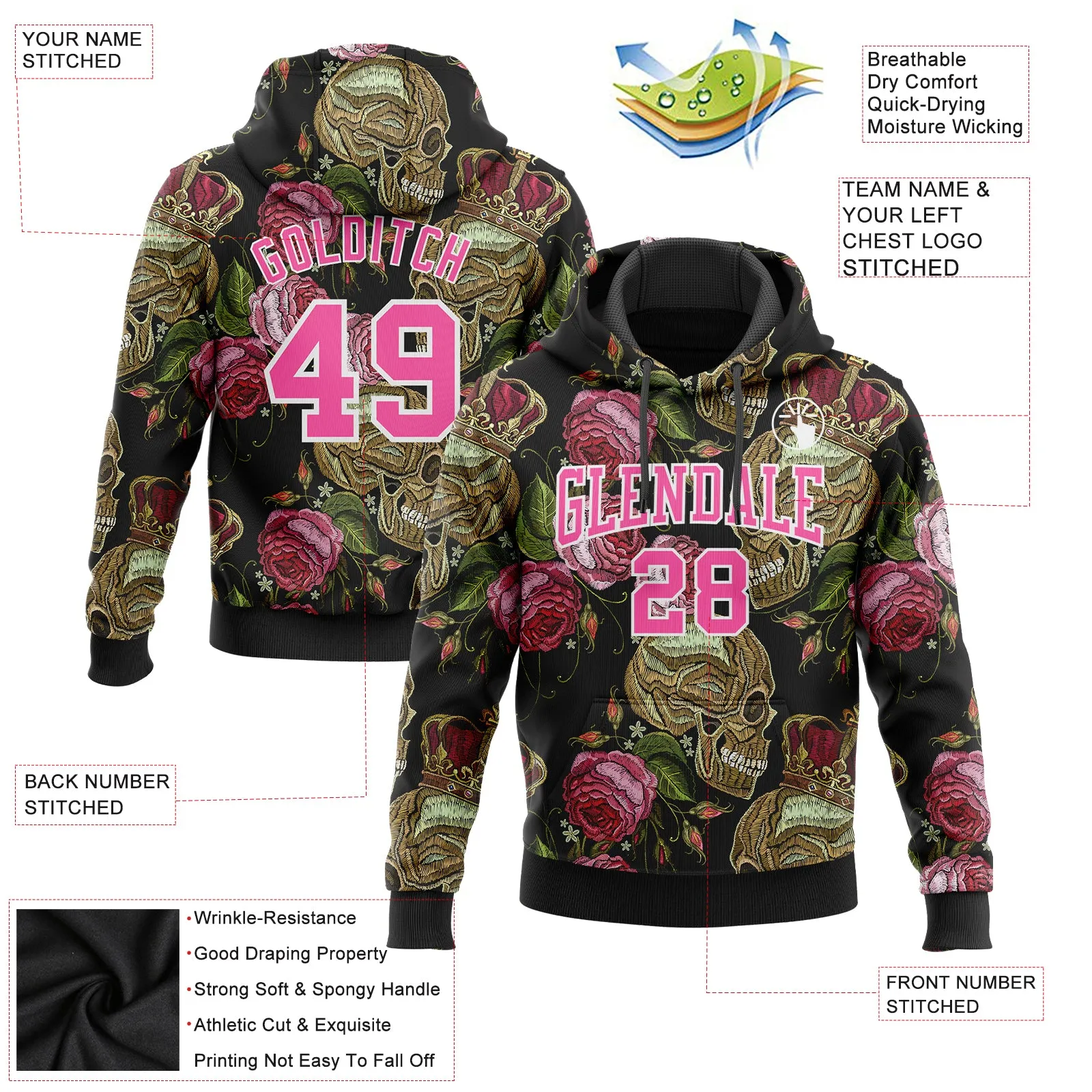 Custom Stitched Black Pink-White 3D Skull Fashion Flower Sports Pullover Sweatshirt Hoodie