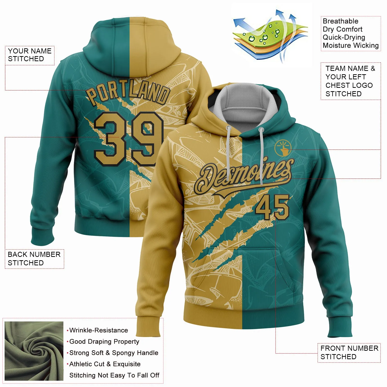 Custom Stitched Graffiti Pattern Old Gold Teal-Black 3D Scratch Sports Pullover Sweatshirt Hoodie