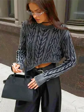 Dark Grey Irregular Hem Knitted Short O-neck Long Sleeve Crop Fashion Women Sweater