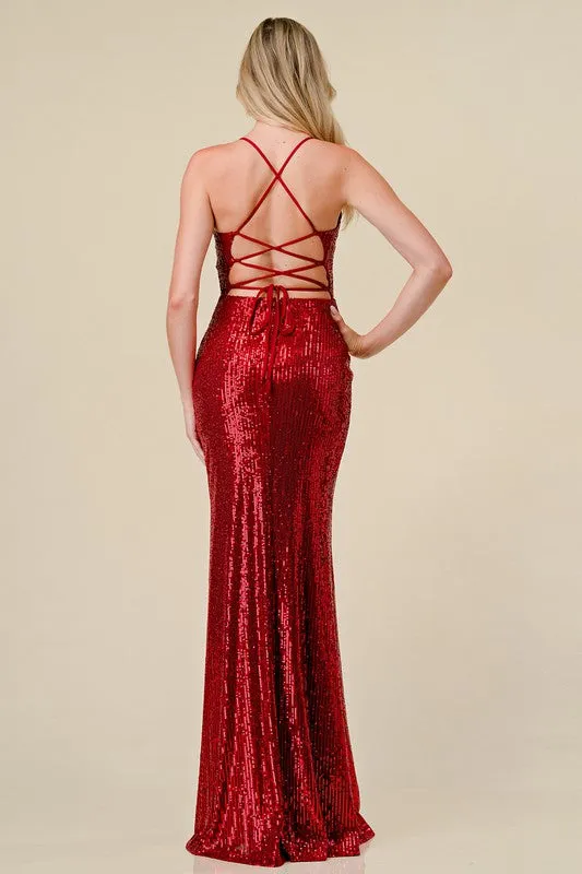 Deep Red Sequin Embellished V-Wrap Mermaid Maxi Dress