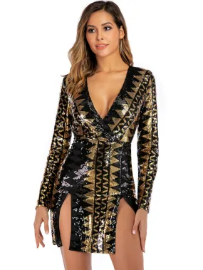 Deep V-neck Long Sleeve Split Sequined Dress