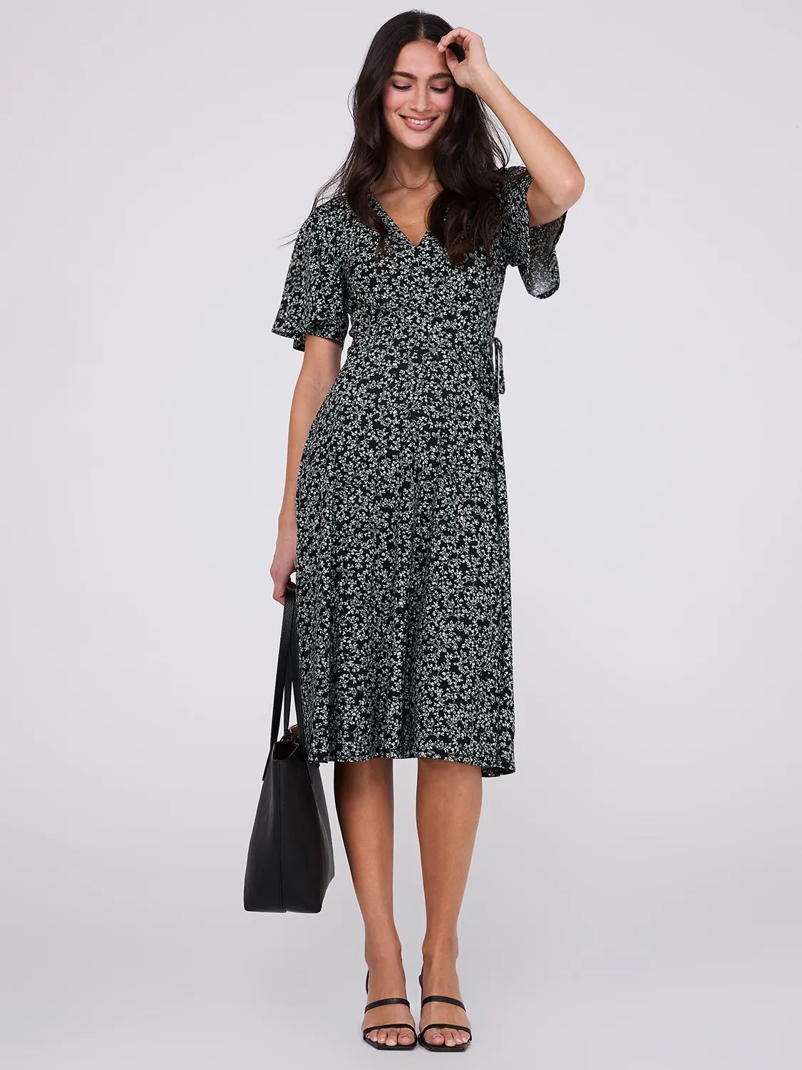 Ditsy Floral Print Midi Wrap Dress